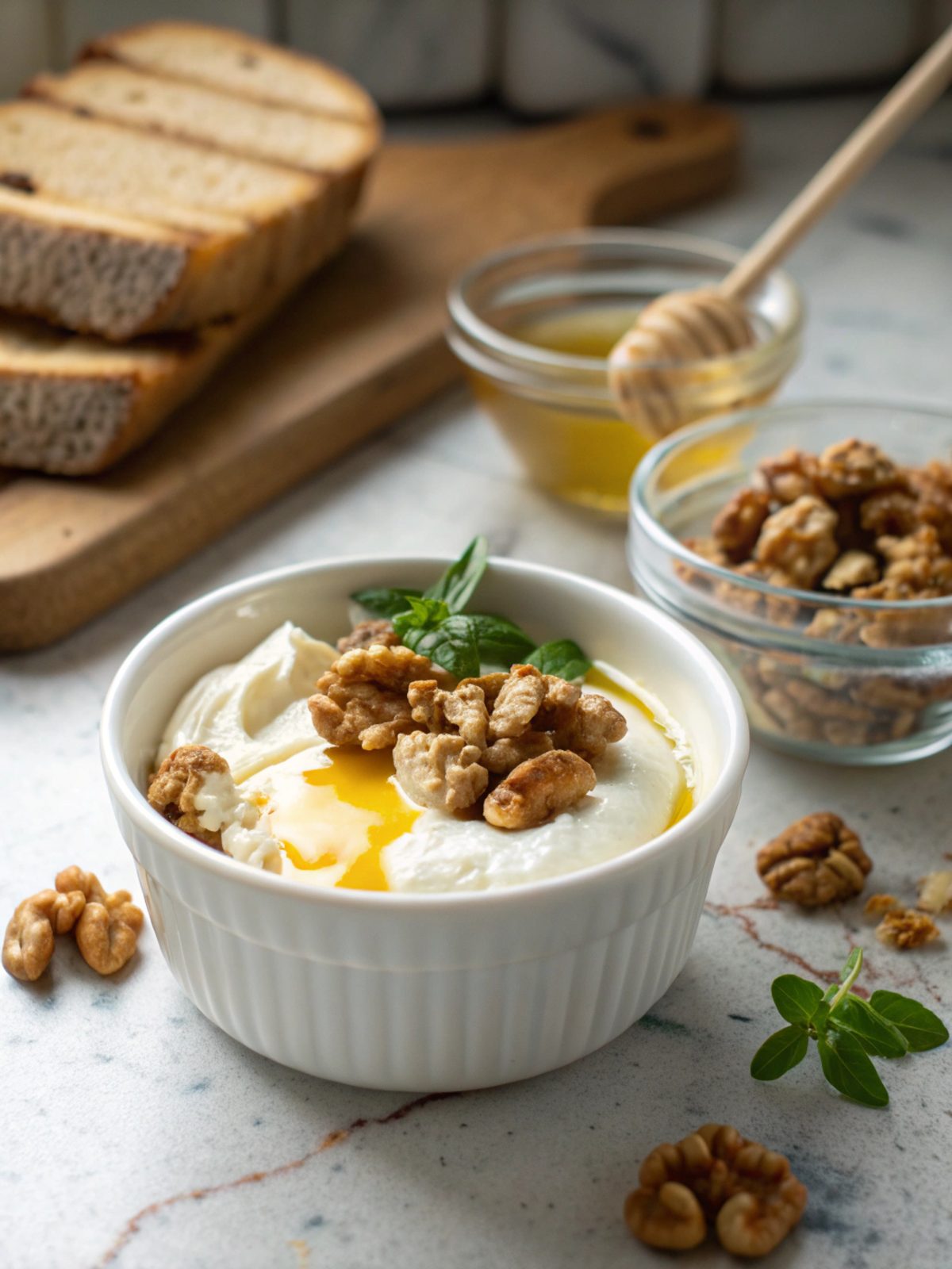 A delightful serving of Greek Yogurt Honey Walnut Cups on a ceramic dish.