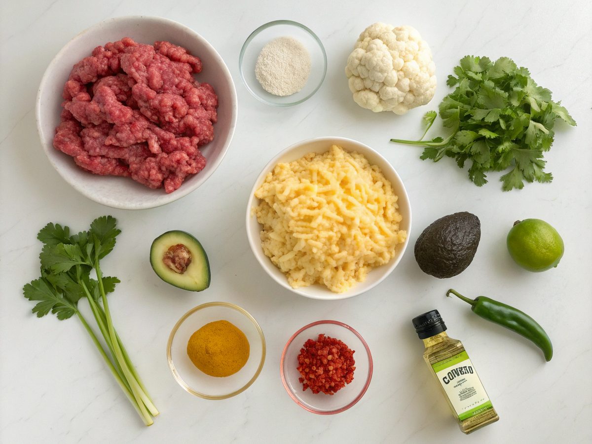 Ingredients for making a ground beef cauliflower taco bowl.