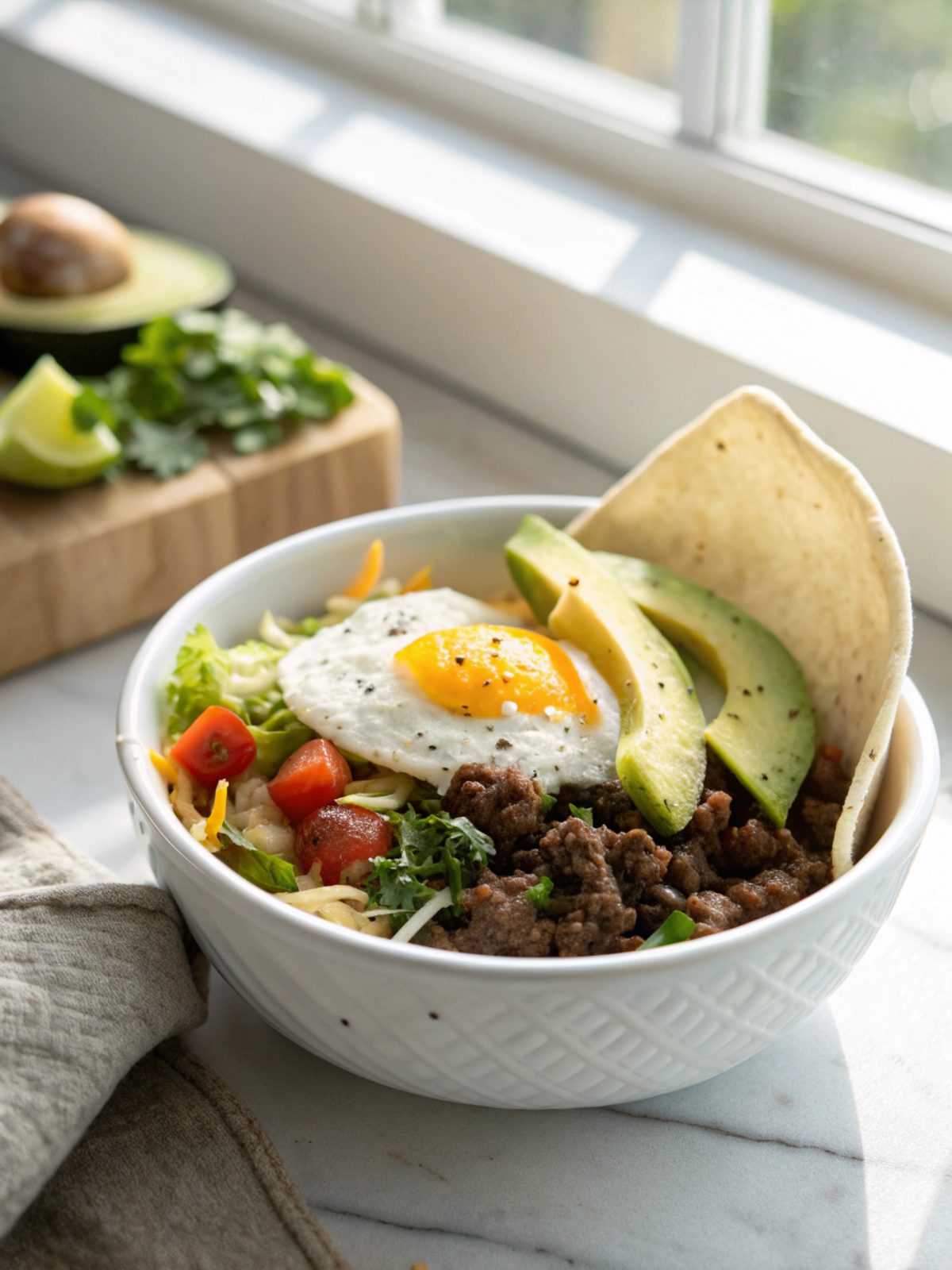 Delicious Ground Beef Eggs Taco Bowl with flavorful ingredients