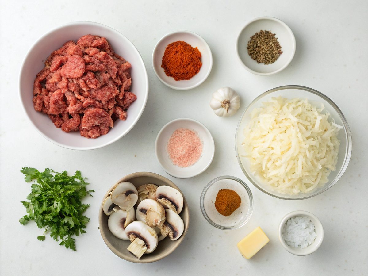 Ingredients for Ground Beef Mushrooms Taco Bowl recipe laid out on a countertop.