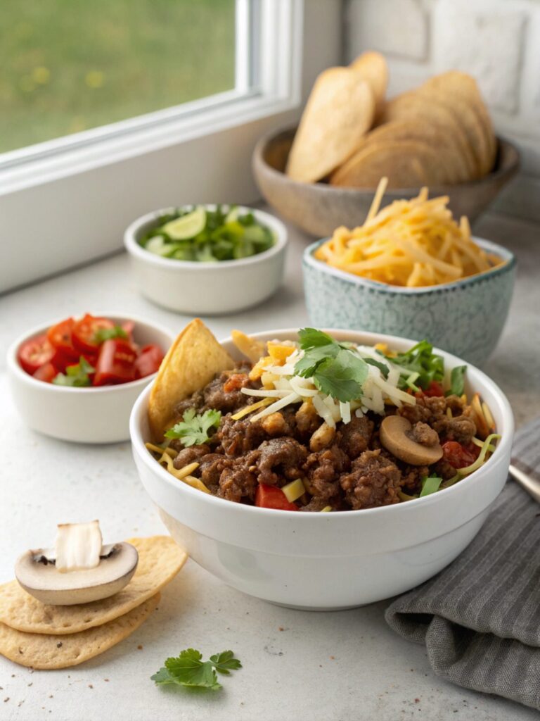 SEO-friendly alt text describing the featured image, including the ground beef mushrooms taco bowl.