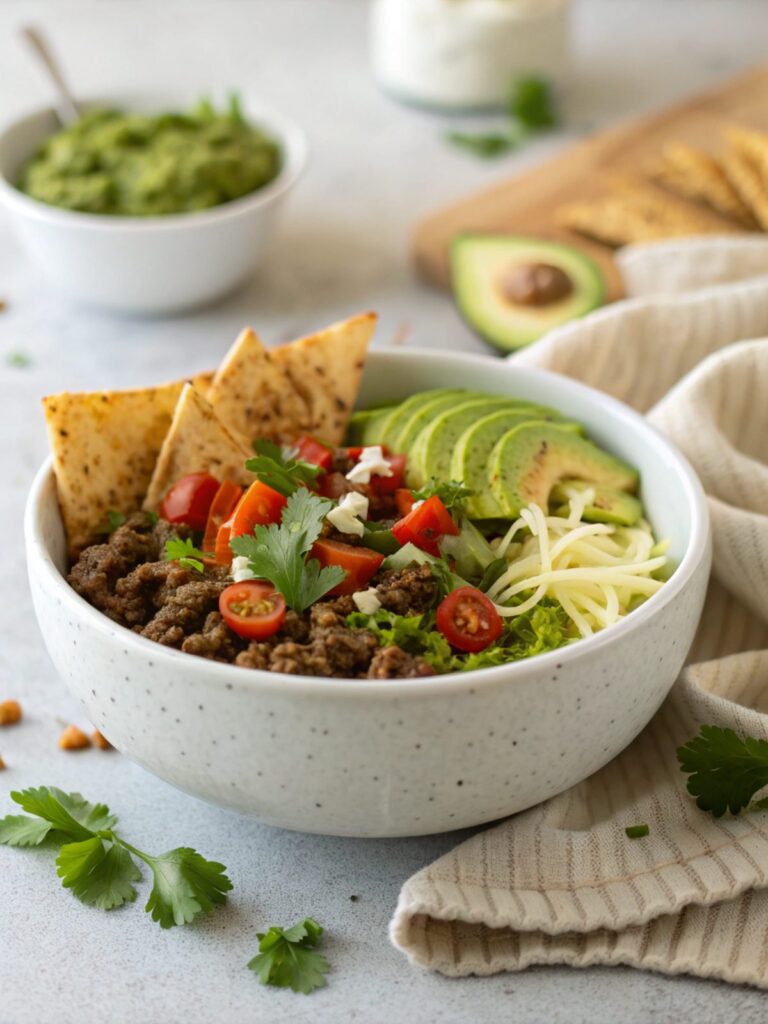 Featured image of Ground Beef Pesto Taco Bowl, beautifully styled and served