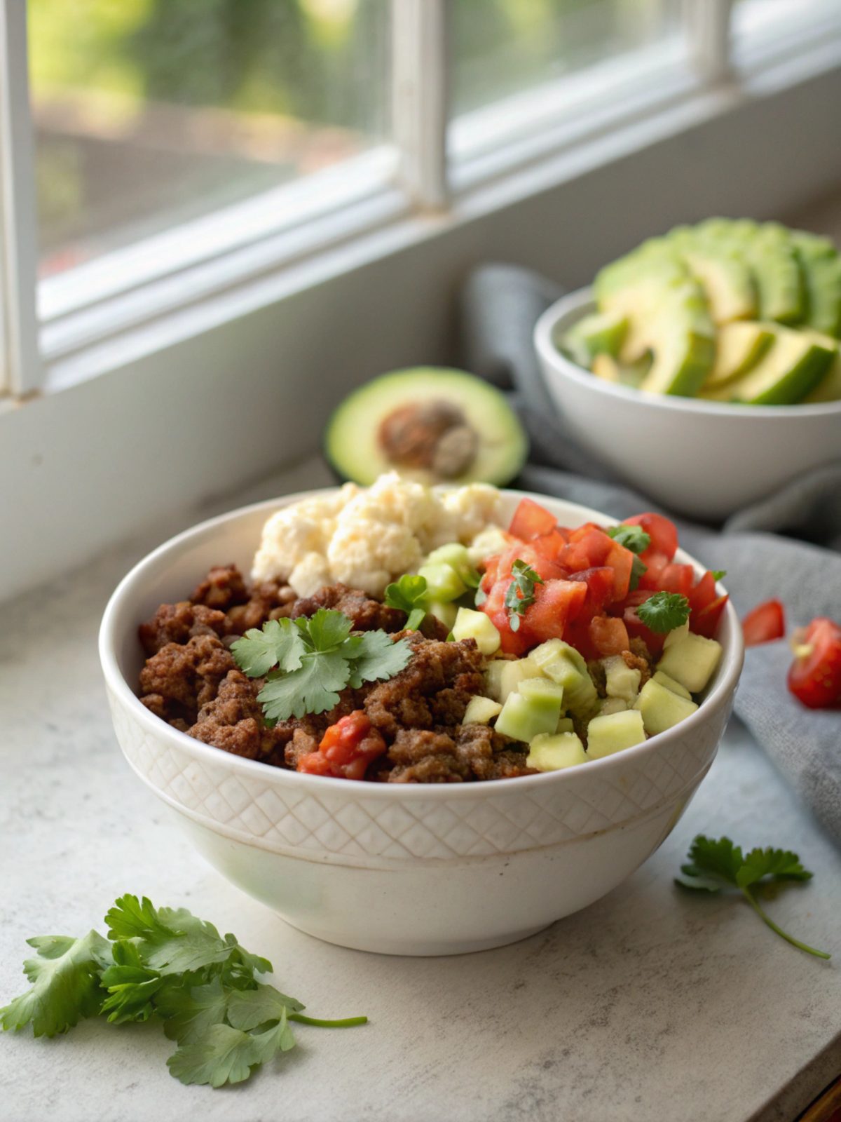 Featured image of a beautifully styled ground beef cauliflower taco bowl.