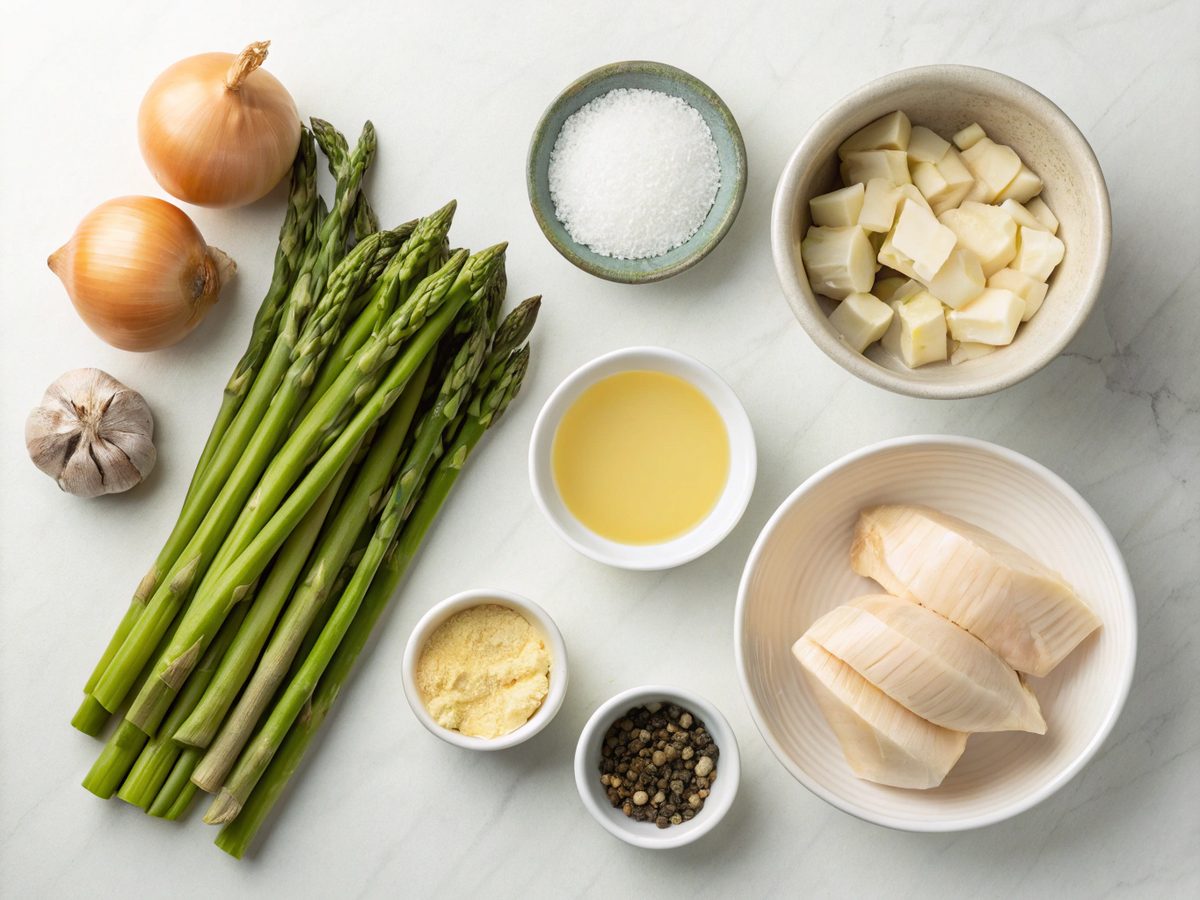 A visually appealing layout of ingredients for asparagus low carb keto soup.