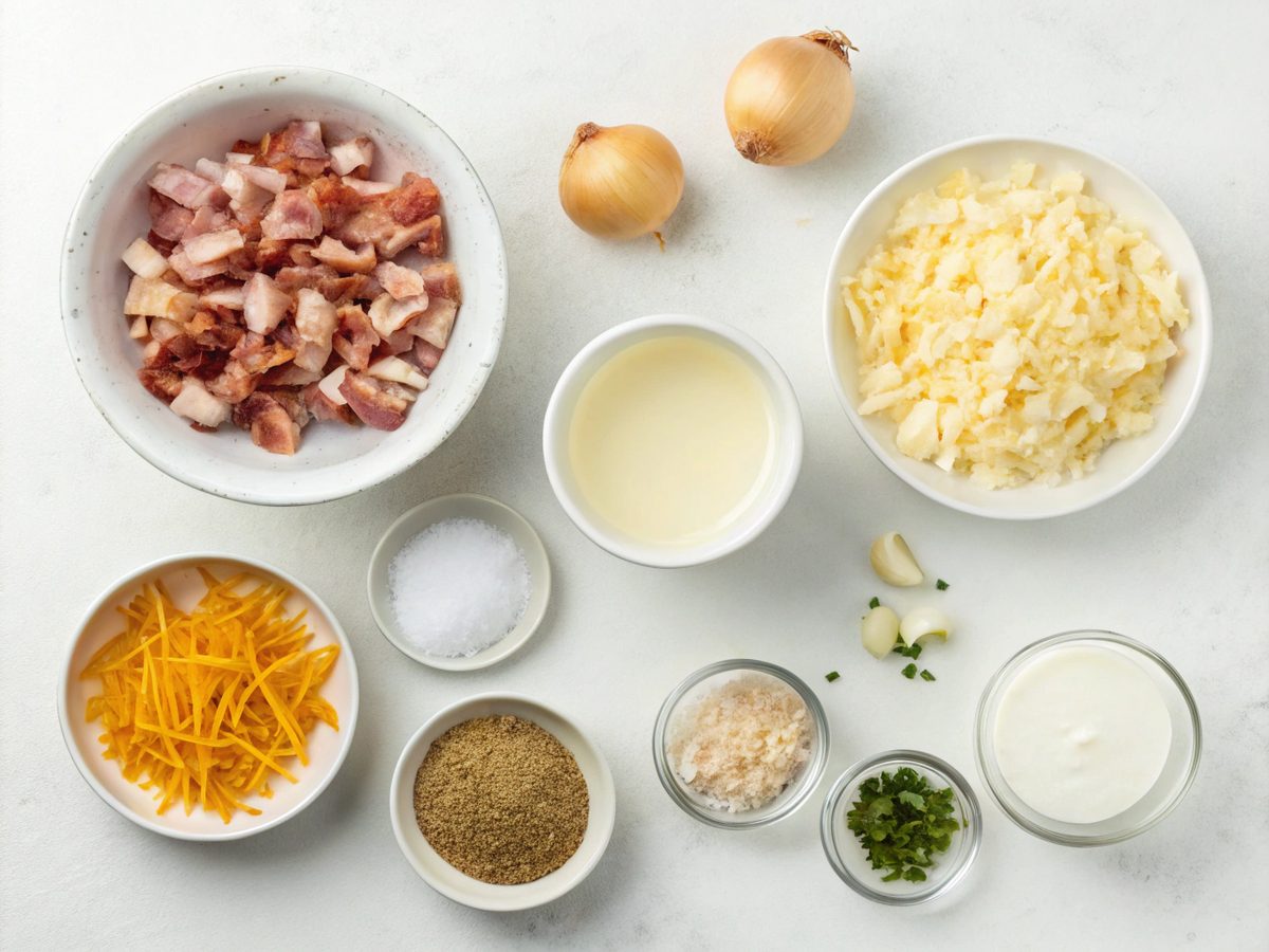 Ingredients for Bacon Low Carb Keto Soup, including bacon and cheese.