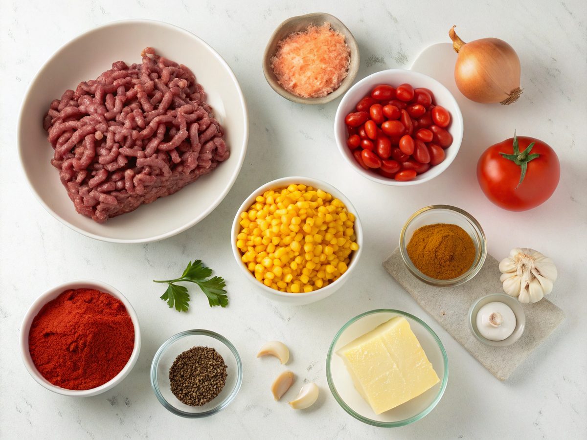 A visual display of ingredients for baked beef and chili casserole