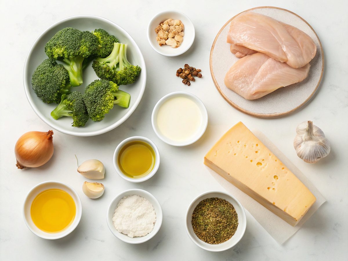 Ingredients for making baked broccoli keto soup bowl.
