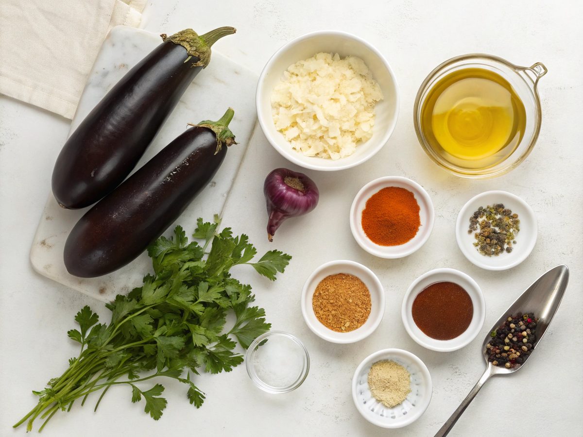 Ingredients set for making baked eggplant keto soup bowl.