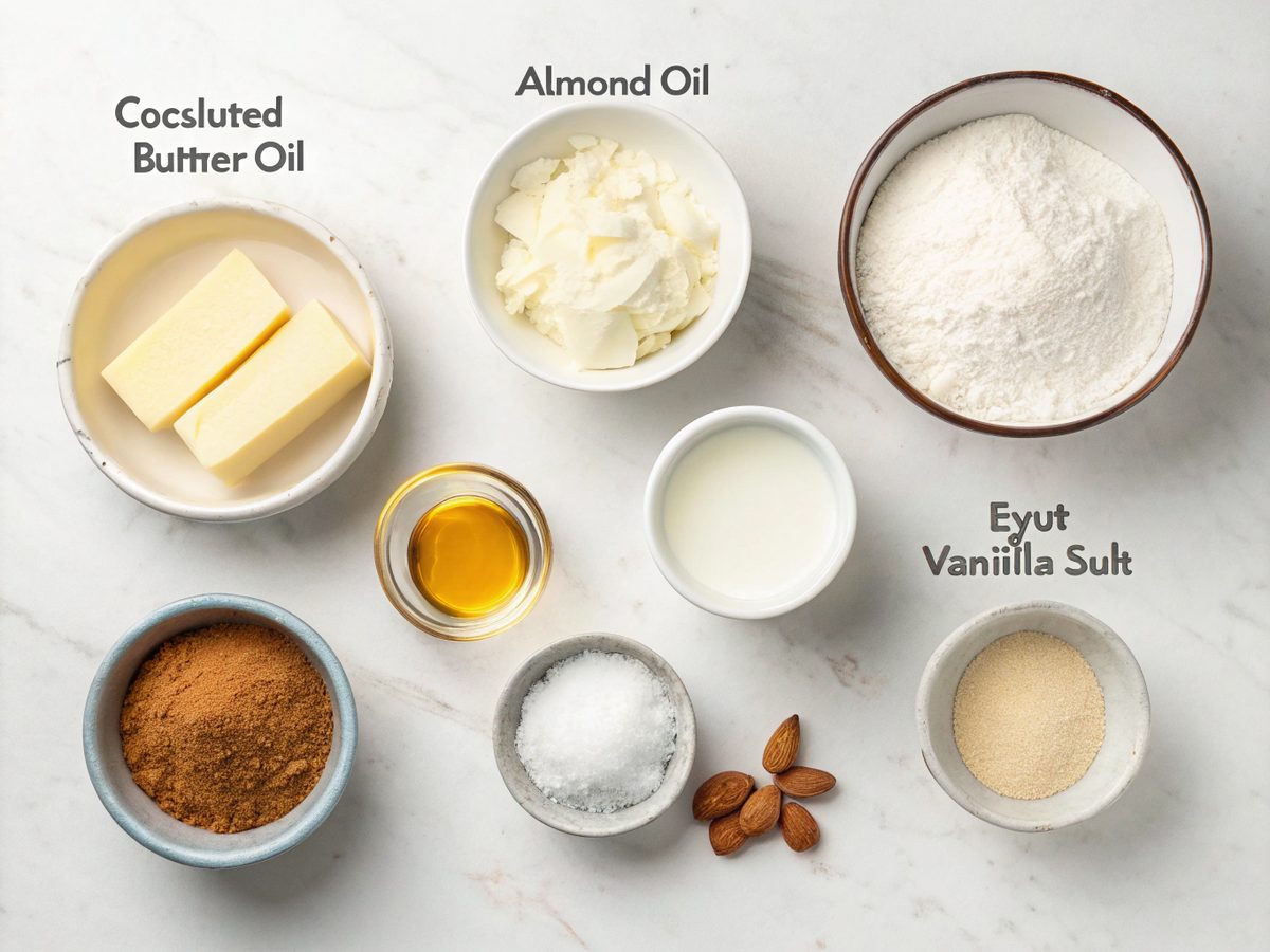 Ingredient layout for making baked keto butter fat bombs, including butter, coconut oil, almond flour.