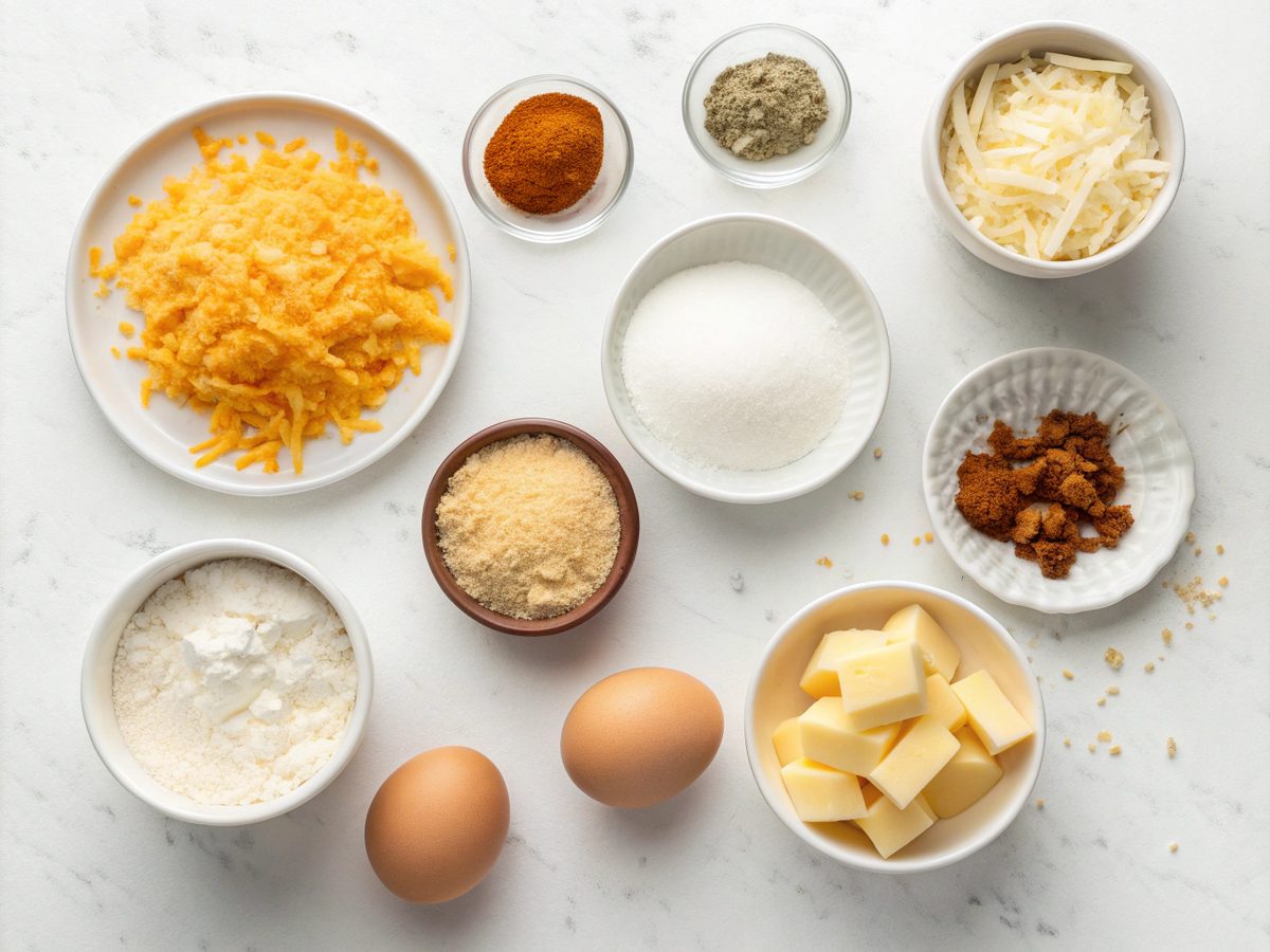 A display of ingredients for baked keto cheddar fat bombs, including cheese and flour.