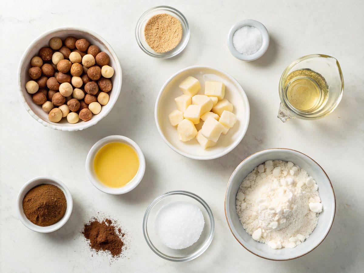 A visual collection of ingredients for baked keto macadamia fat bombs