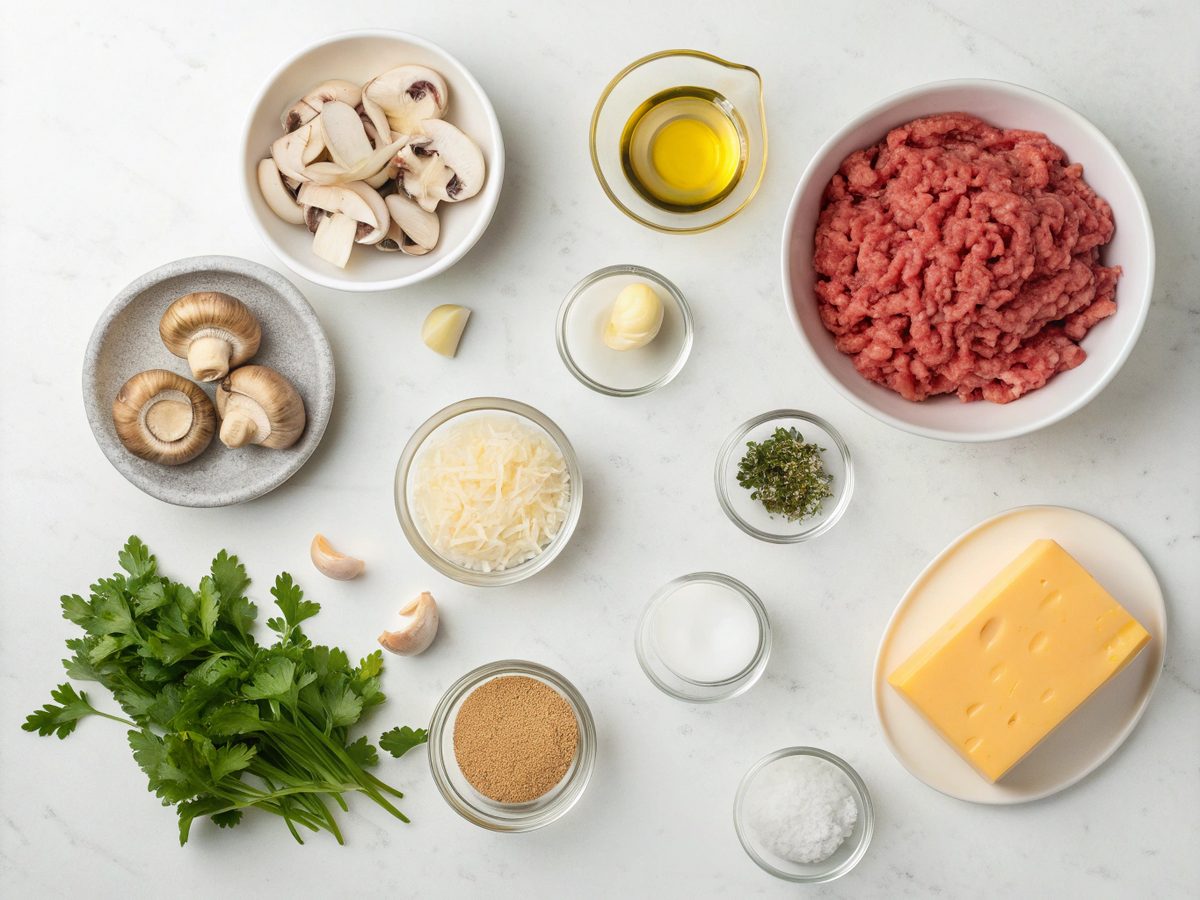 Ingredients laid out for cheddar mushroom keto stroganoff recipe