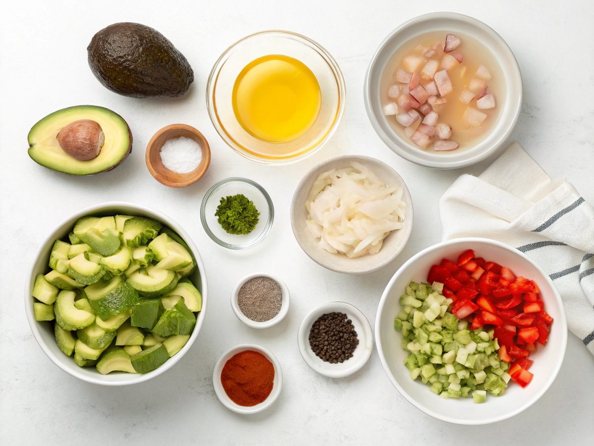 A display of the ingredients for a comforting avocado keto soup pot.