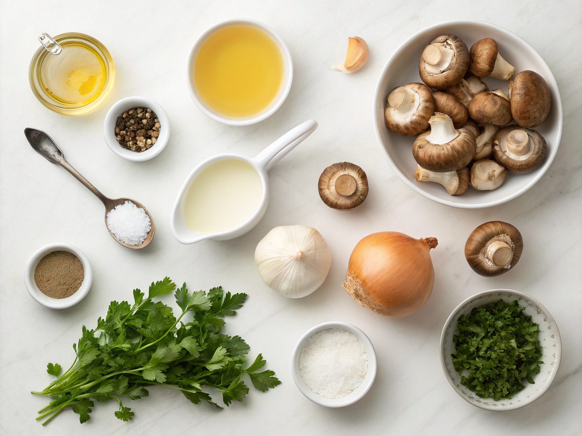 Flat lay of ingredients for comforting mushrooms keto soup pot