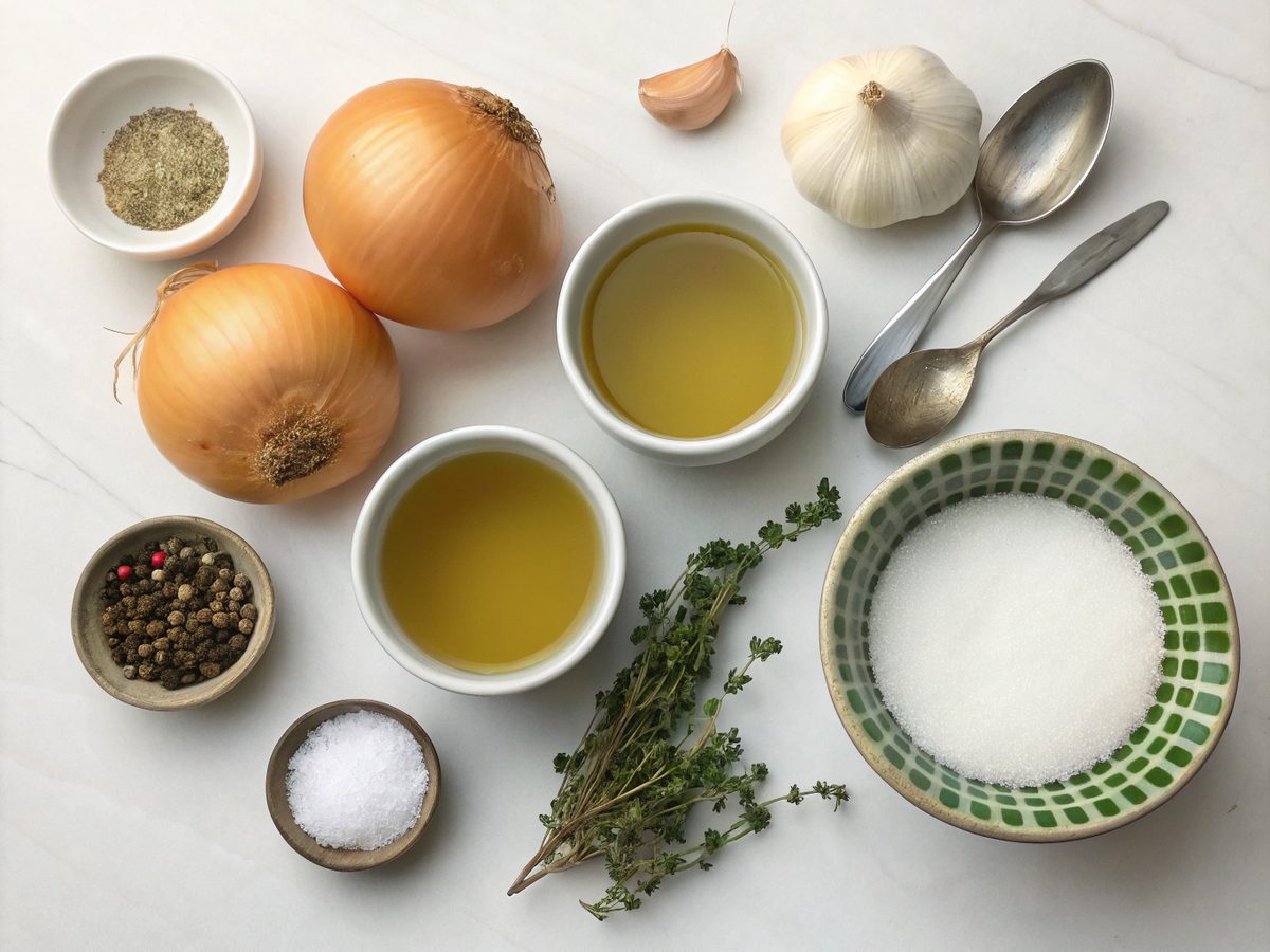 A detailed view of ingredients for making the comforting onion keto soup pot.