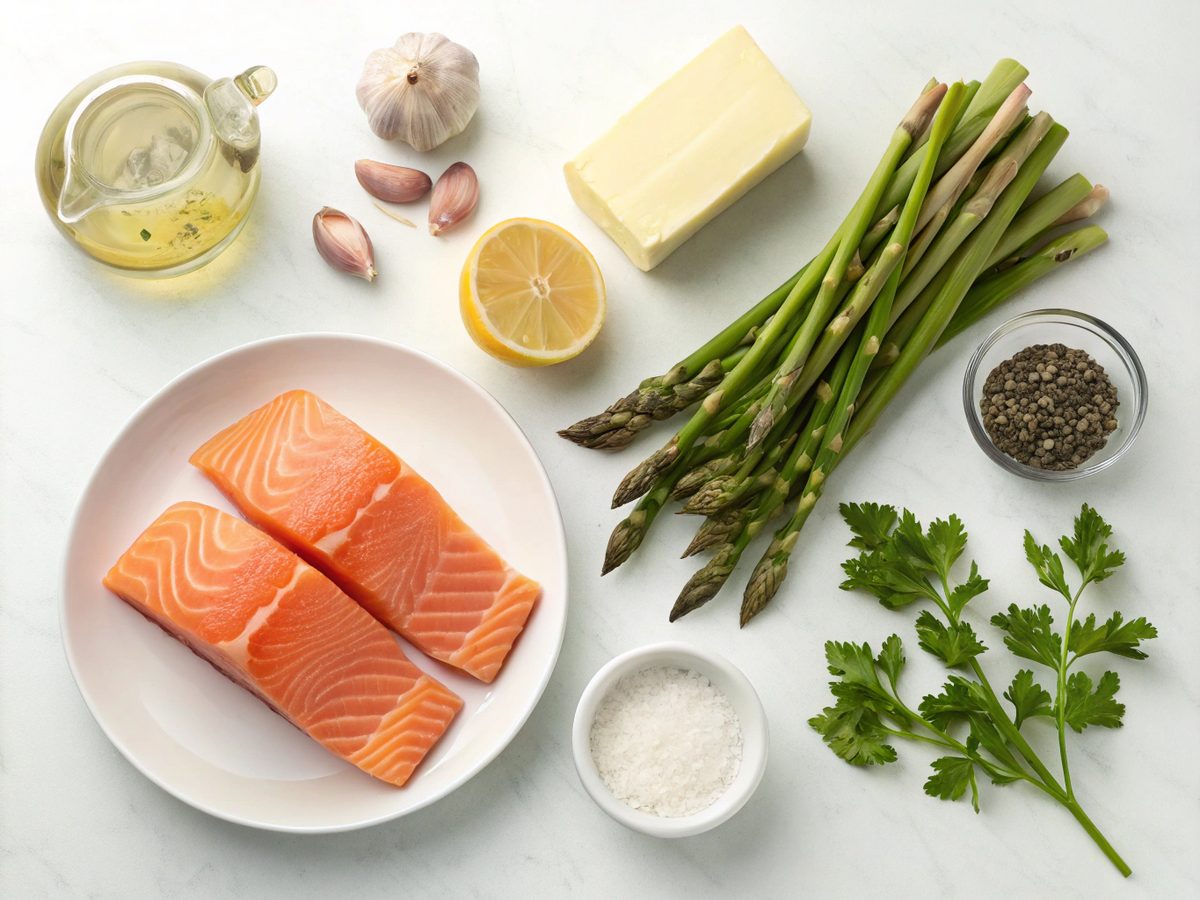 Flat lay of ingredients for garlic butter salmon asparagus skillet