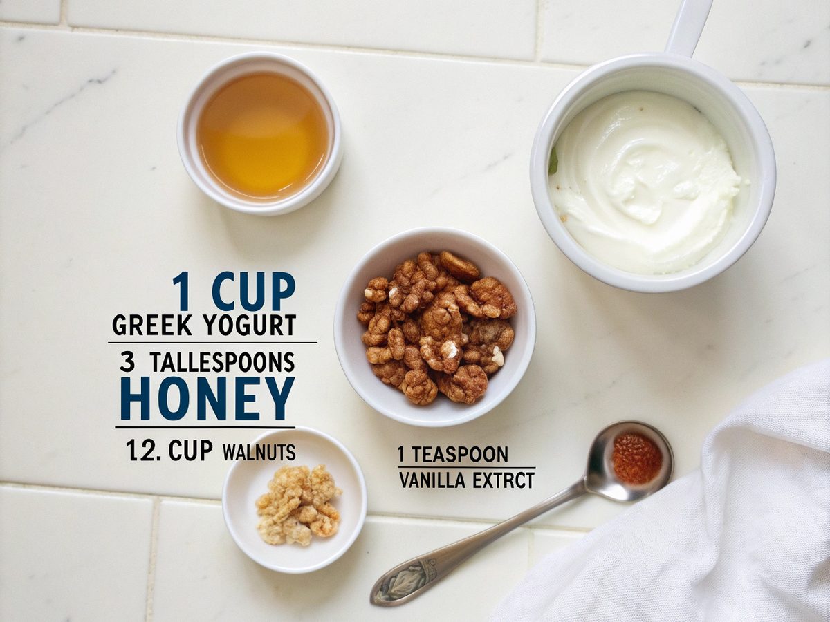 Greek yogurt, honey, walnuts, and vanilla on a white kitchen counter