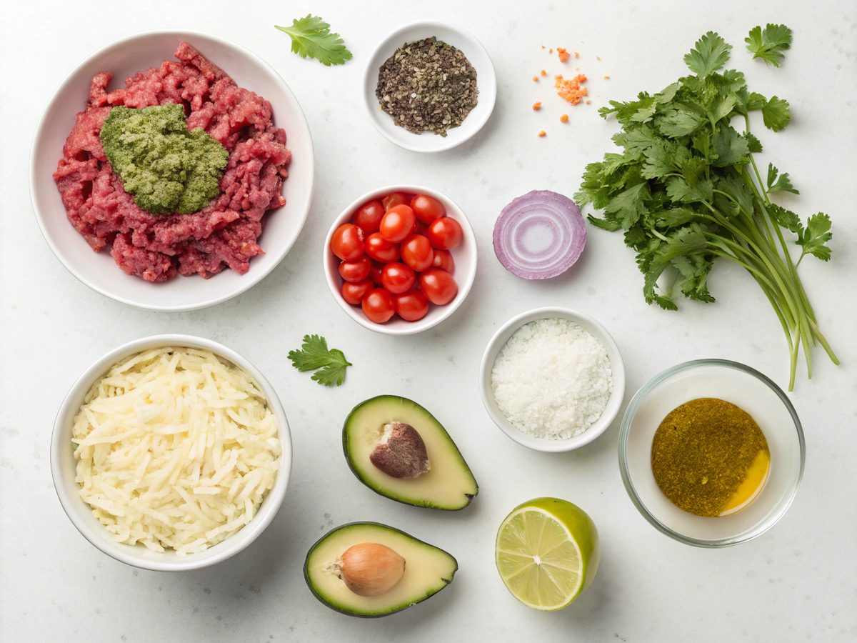 Visual presentation of ingredients for Ground Beef Pesto Taco Bowl