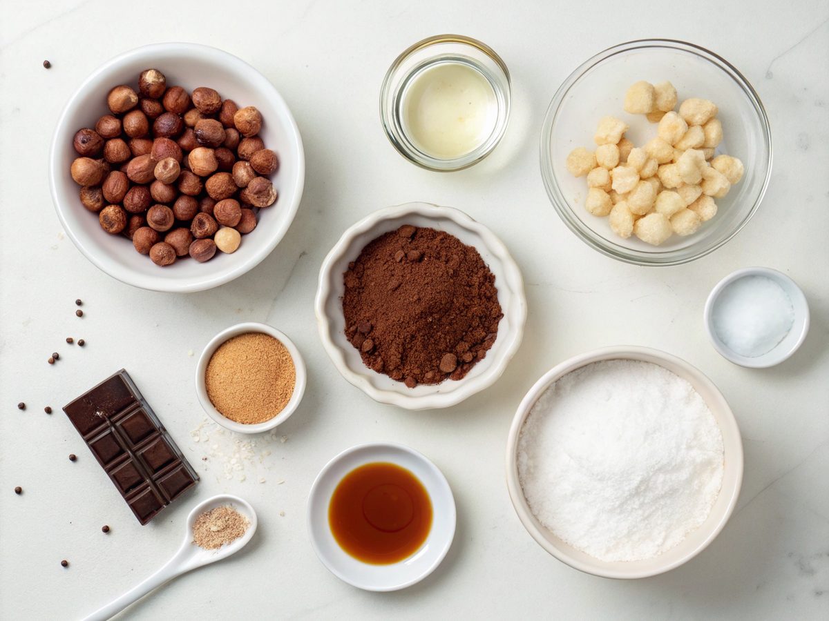 Ingredients for Hazelnuts Keto Mousse Cup laid out attractively on a kitchen counter
