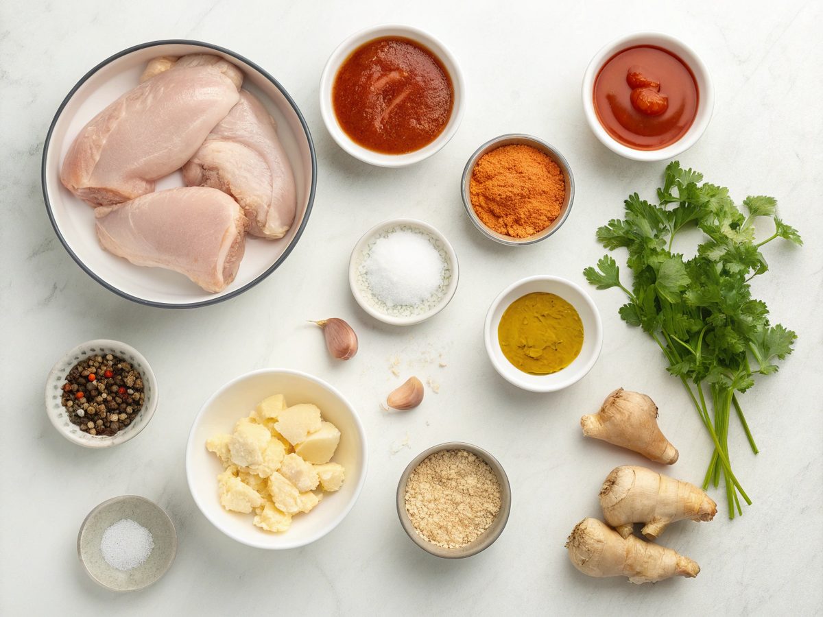 Ingredients for Instant Pot Butter Chicken Keto displayed on a kitchen counter