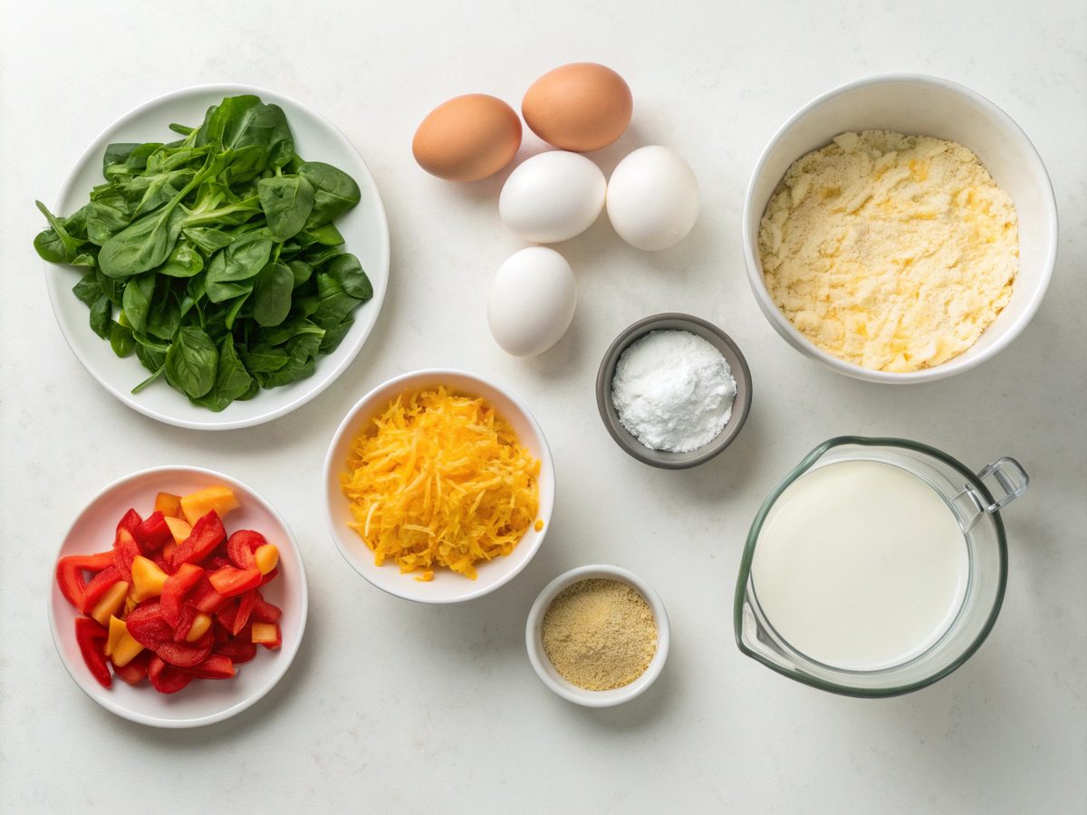 Top down view of ingredients for keto almond milk breakfast casserole