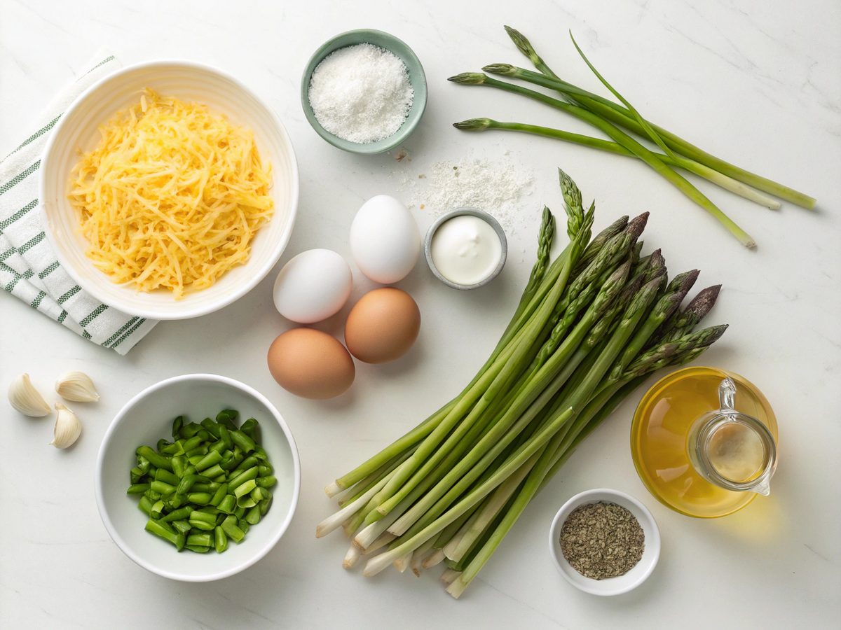 A clear view of the ingredients laid out for a keto asparagus breakfast casserole.