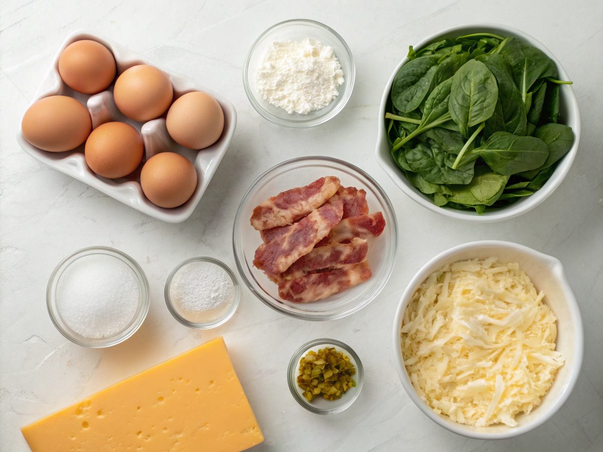 A flat lay of ingredients for keto bacon breakfast casserole, including eggs, bacon, spinach, and cheese.