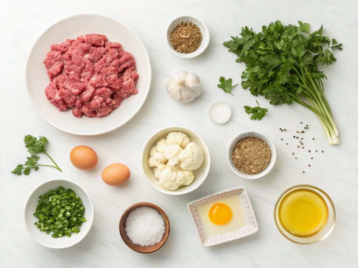 Ingredients arranged for preparing Keto Beef Kofta Bowls with Cauliflower Tabbouleh
