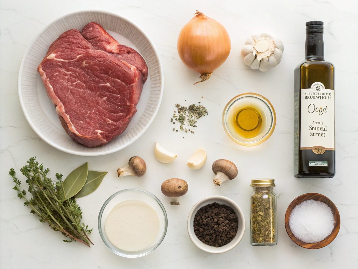 Ingredients for keto beef stroganoff with thyme laid out on a kitchen counter.