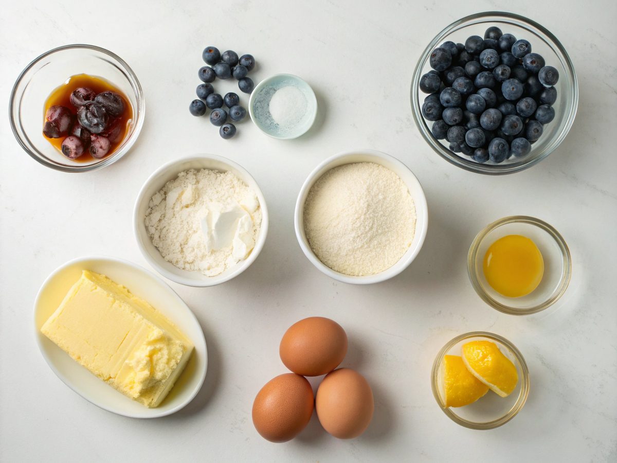 Ingredients laid out for making a keto blueberries cheesecake dessert