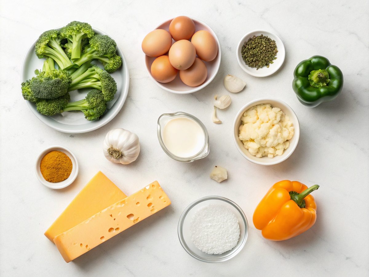 Ingredients for making keto broccoli breakfast casserole