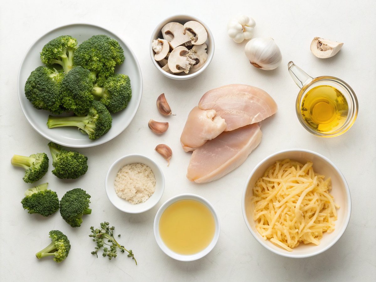 Colorful ingredients for a keto broccoli one pot dish beautifully arranged on a kitchen counter.