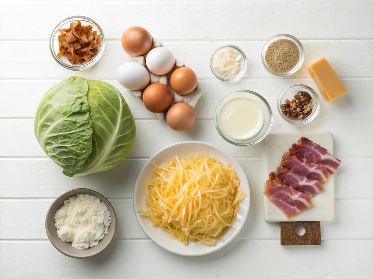 Visual of fresh ingredients for a keto cabbage breakfast casserole.