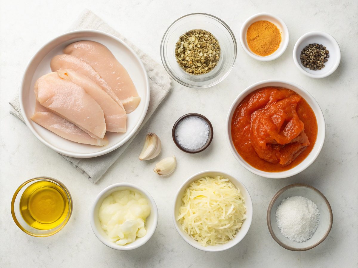 Flat lay of the ingredients needed for Keto Chicken Buffalo Bake