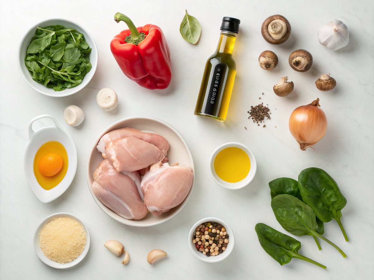 A flat lay of keto chicken one pot dish ingredients on a kitchen counter.