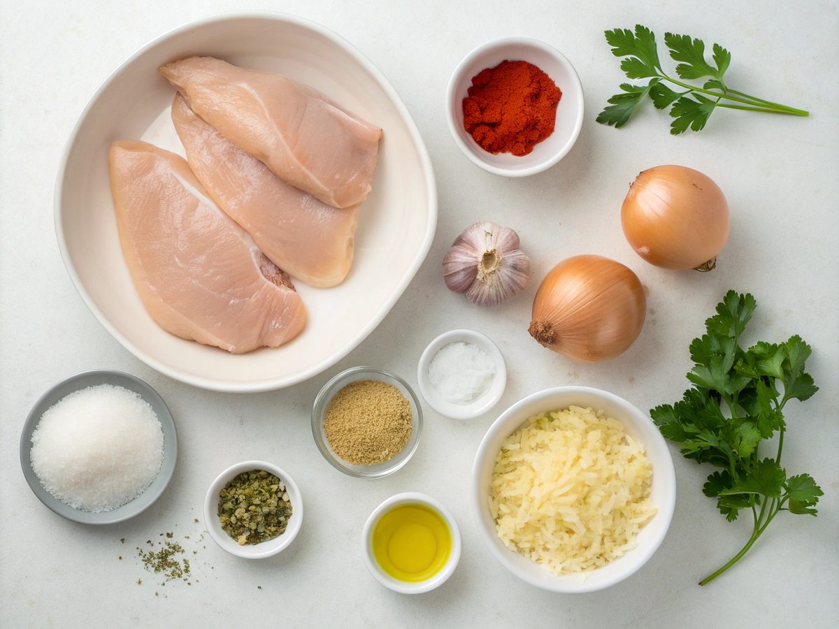 A comprehensive display of ingredients for Keto Chicken Onion Bake