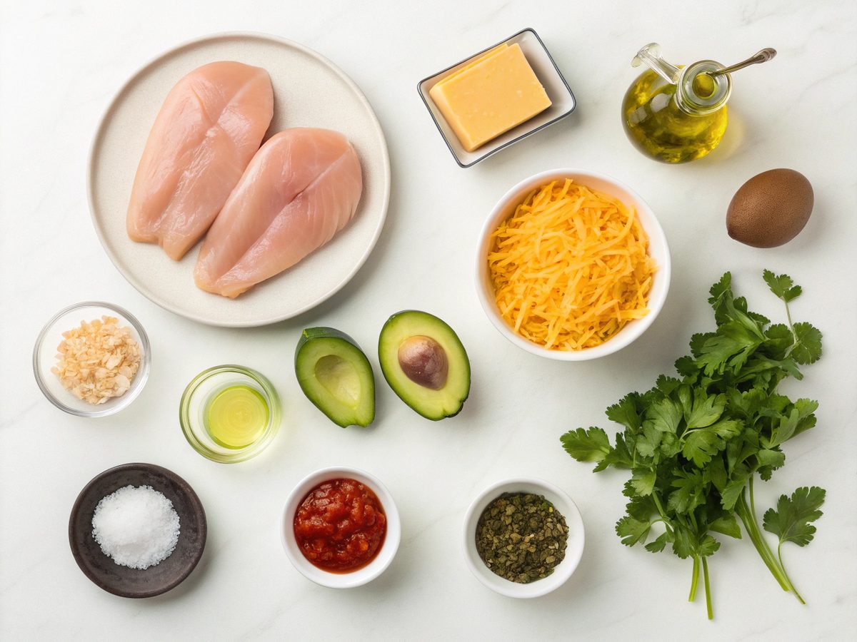 Ingredients for Keto Chicken with Taco Sauce including chicken, salsa, cheese, and spices