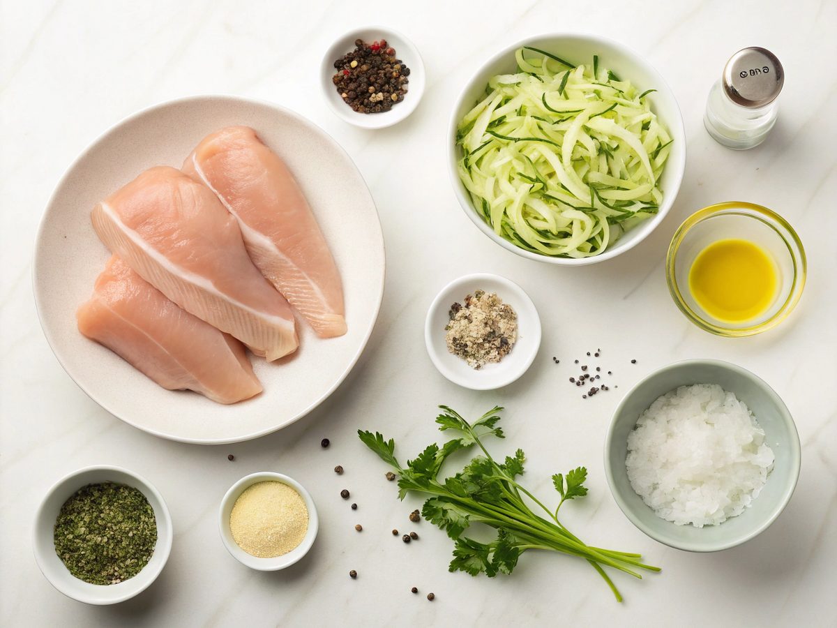 Visual display of ingredients for Keto Chicken with Zucchini Sauce, including chicken breasts, zucchinis, and more.