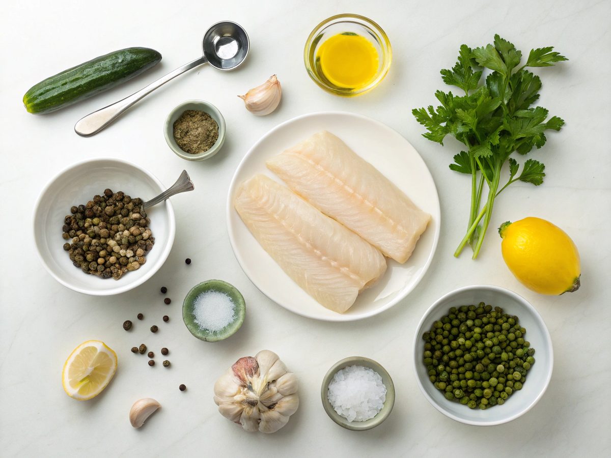 Image of fresh cod fillets, lemon, capers, butter, and zucchini for keto recipe
