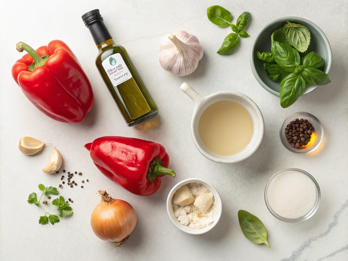 Flat lay of keto creamy roasted red pepper soup ingredients