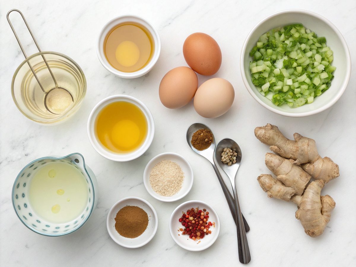A flat lay of ingredients for making keto egg drop soup with ginger and scallions.