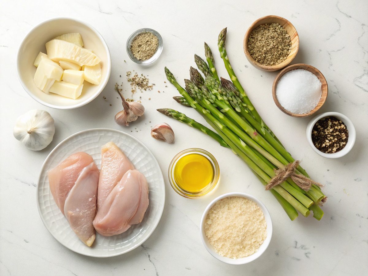 Ingredients laid out for Keto Garlic Parmesan Chicken Asparagus Skillet