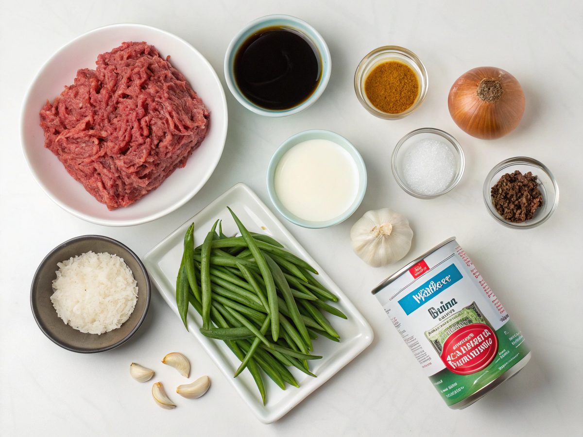 Flat lay of ingredients for keto ground beef, green beans and coconut milk roast.