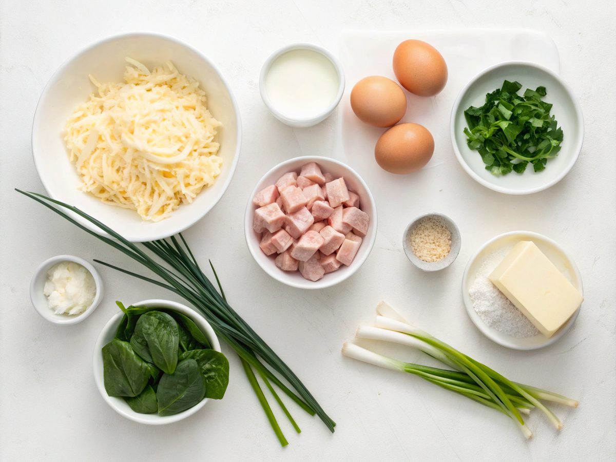 A flat lay of ingredients for Keto Ham Breakfast Casserole, showcasing eggs, ham, cheese, and vegetables.