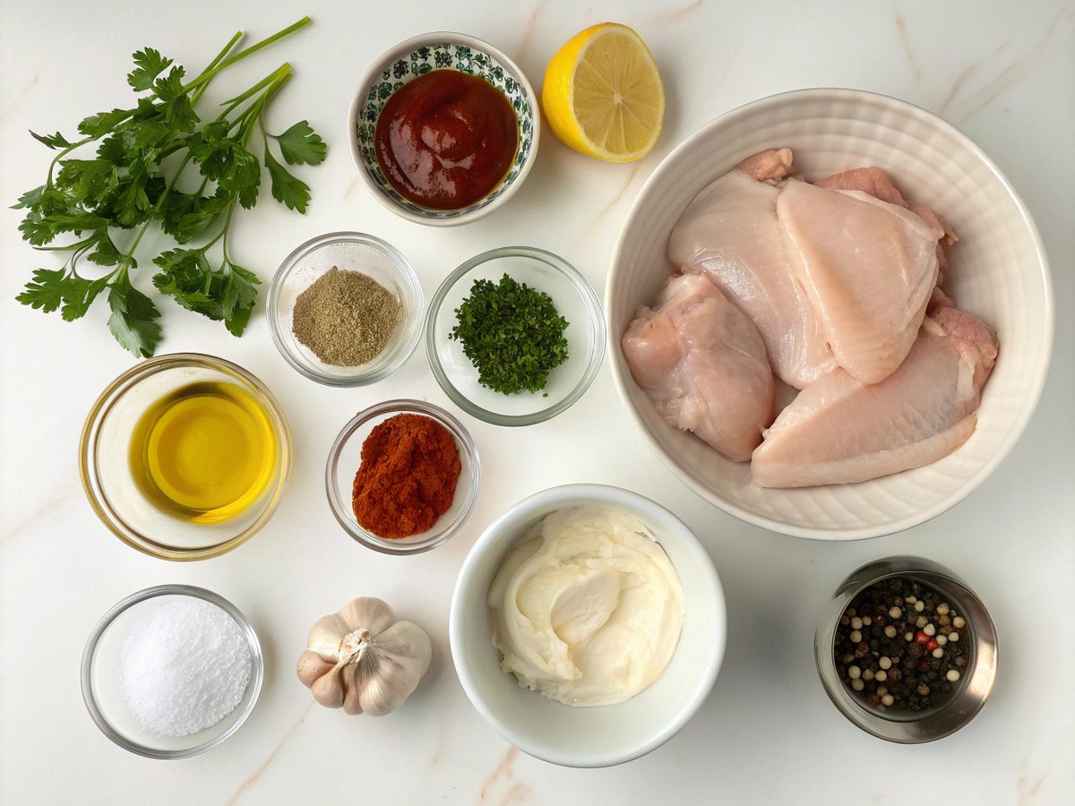 Ingredients laid out for preparing Keto Harissa Yogurt Chicken Thighs