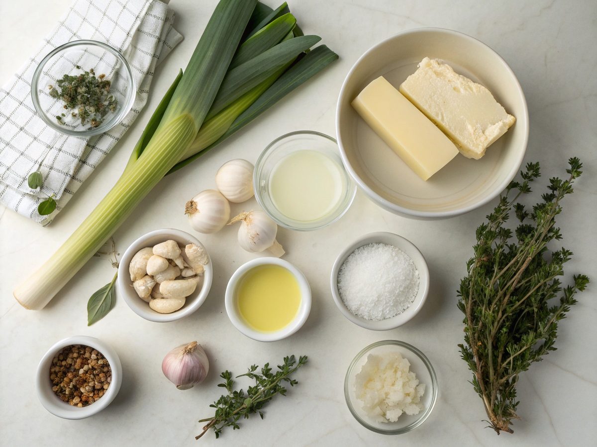 A flat lay showing ingredients for the keto leeks soup recipe like leeks, garlic, and broth.