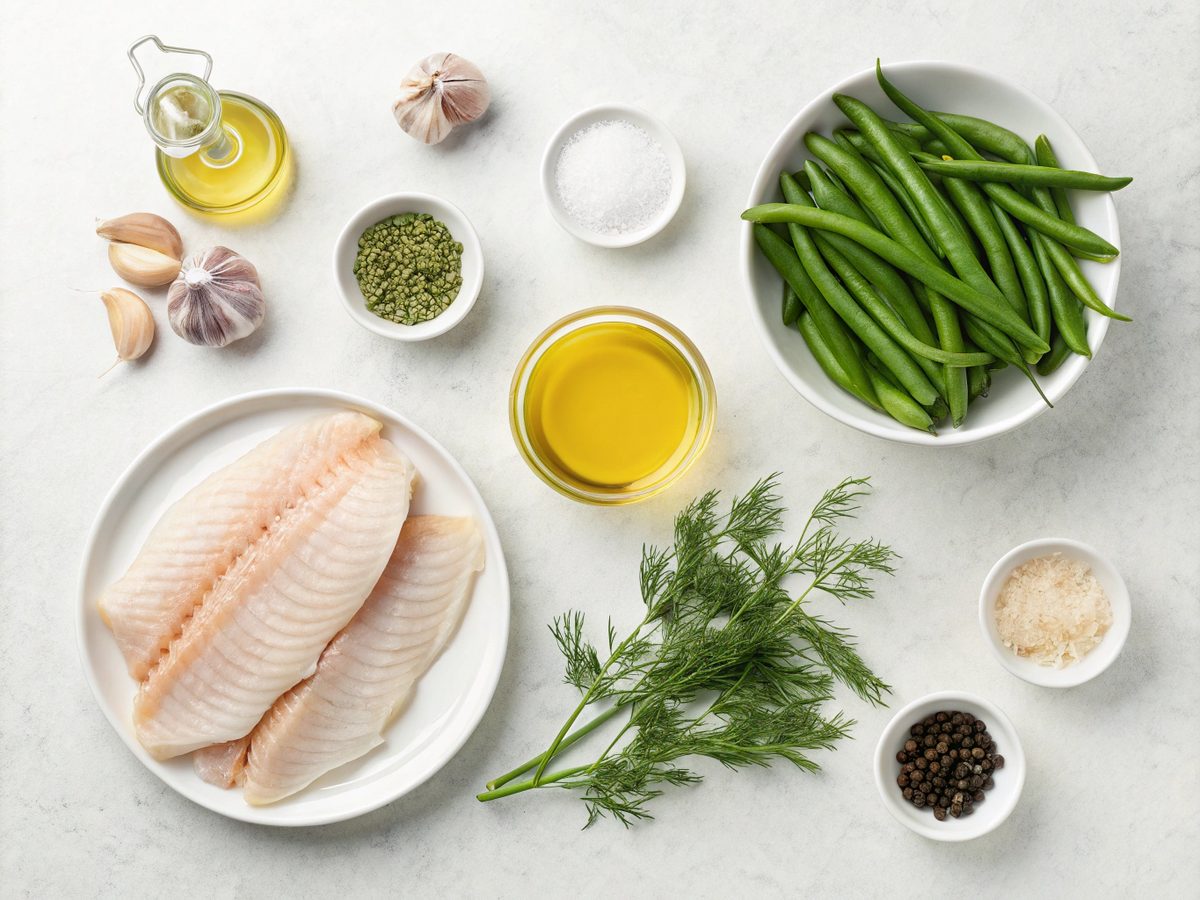 Ingredients for keto lemon garlic tilapia including fresh green beans and garlic