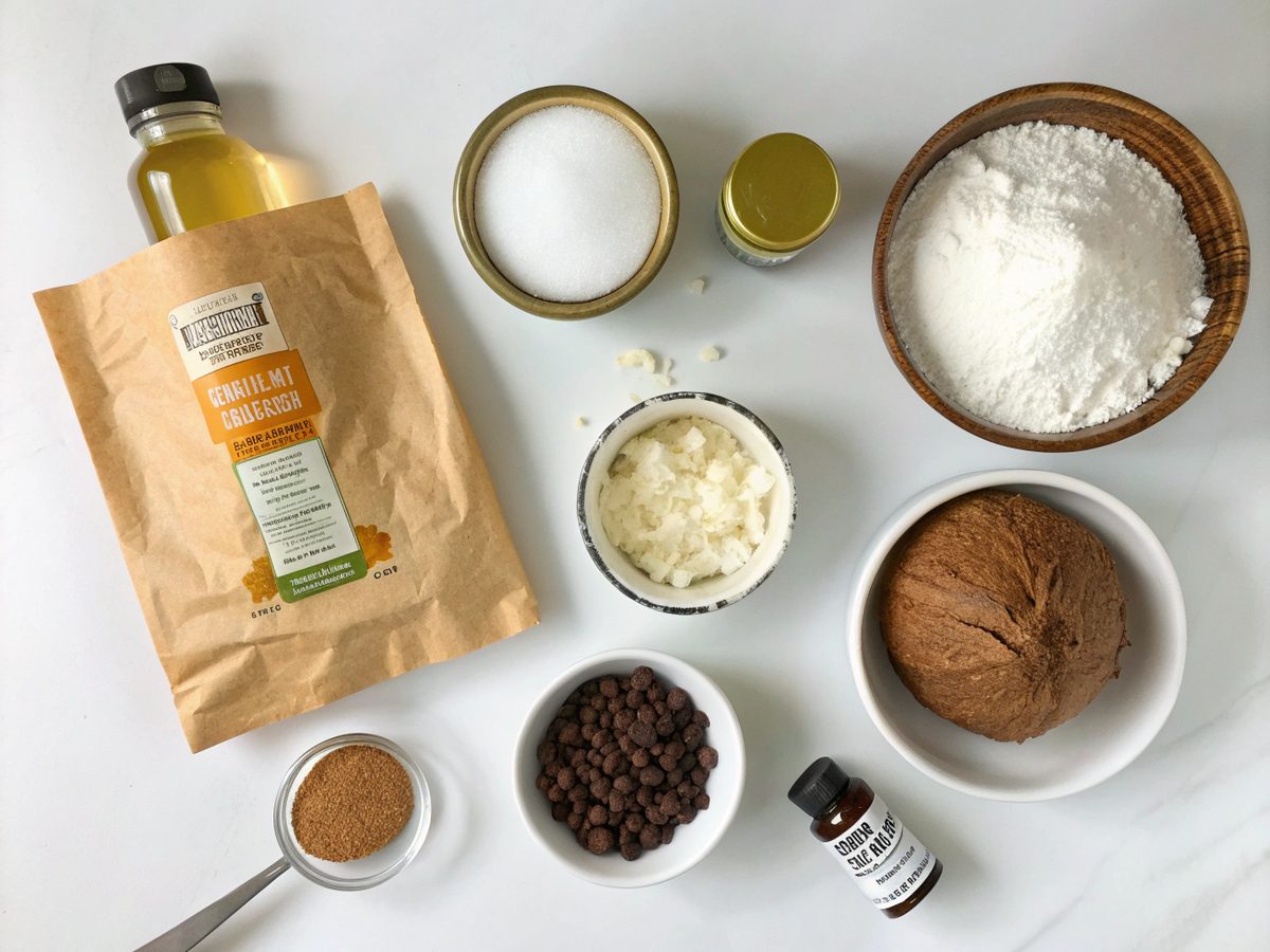Flat lay of ingredients for keto no-bake peanut butter bars