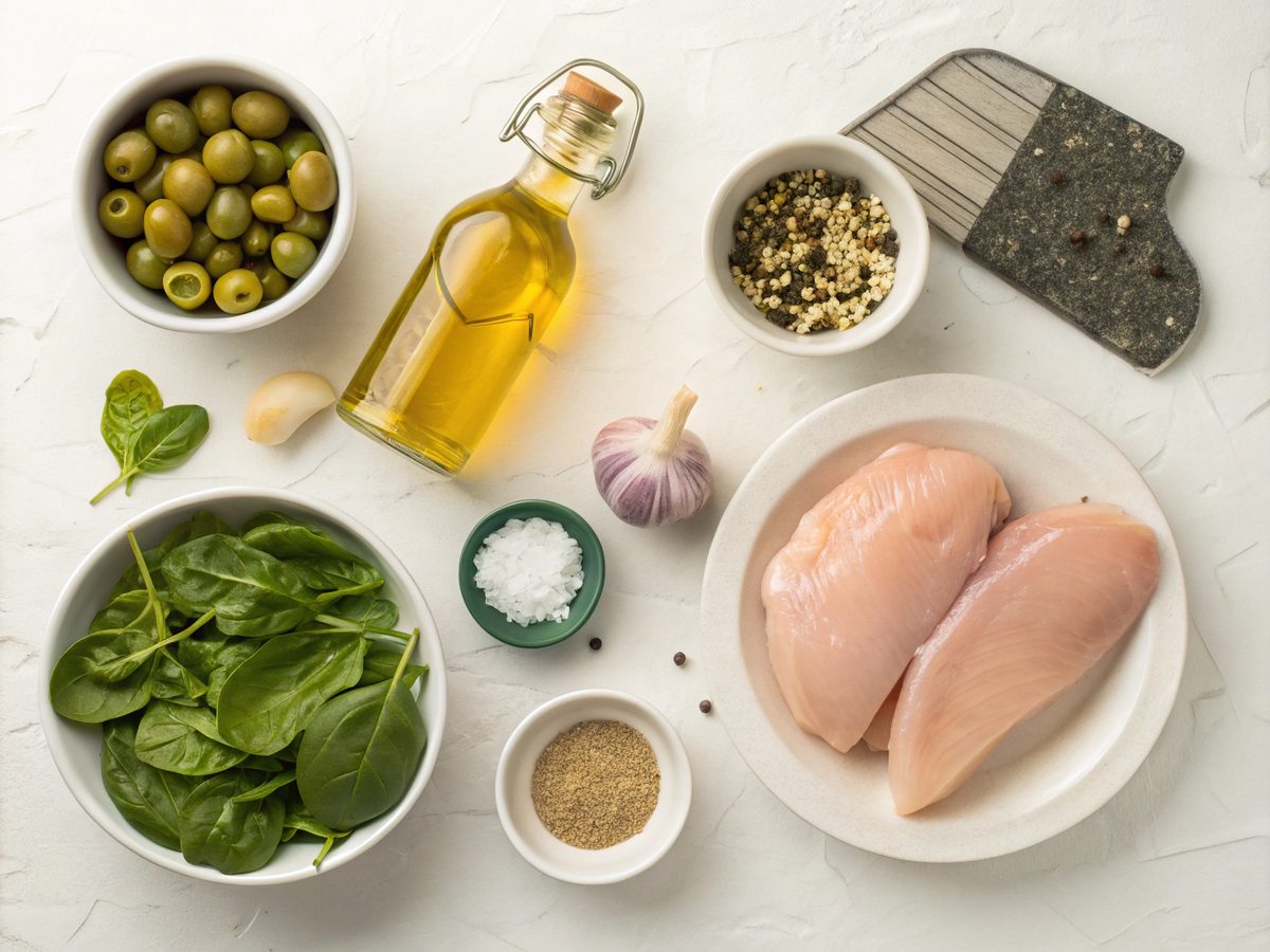 Flat lay of ingredients for a Keto Olive Pressure Cooker Meal, including chicken, olives, and spinach