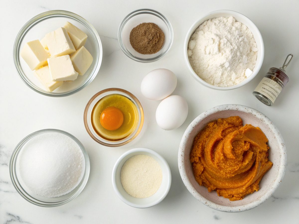 An SEO-friendly alt tag describing the ingredients for keto salted caramel pumpkin cheesecake bars